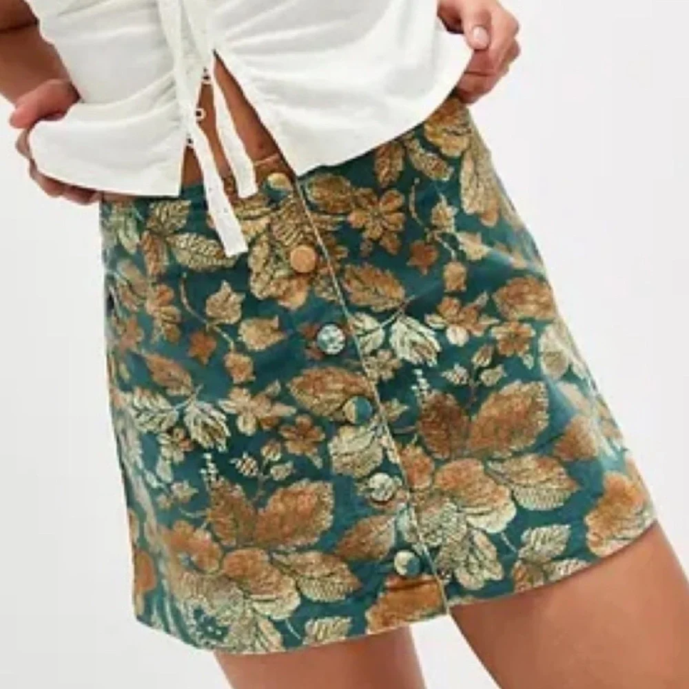 Free People Velvet Emerald Gold Floral button front Mini Skirt size 12 women’s